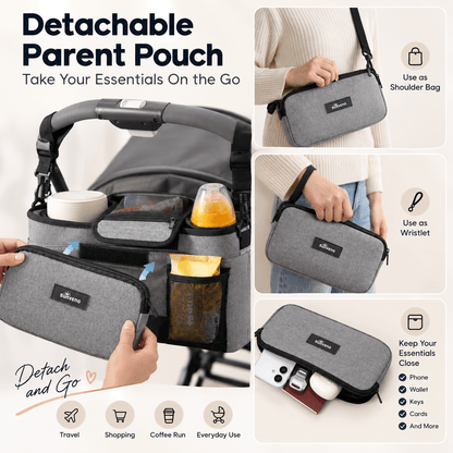 SUNVENO Stroller Organizer Bag with Detachable Parent Pouch, Dual Cup Holders, Adjustable Straps & Removable Shoulder Strap - Baby Organic