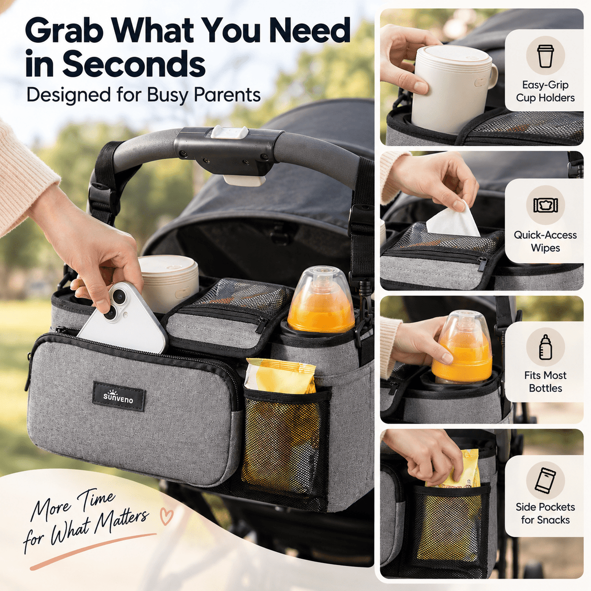 SUNVENO Stroller Organizer Bag with Detachable Parent Pouch, Dual Cup Holders, Adjustable Straps & Removable Shoulder Strap - Baby Organic