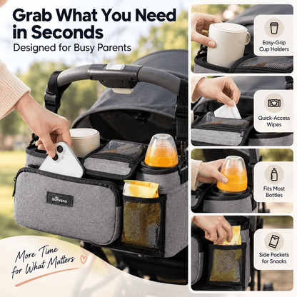 SUNVENO Stroller Organizer Bag with Detachable Parent Pouch, Dual Cup Holders, Adjustable Straps & Removable Shoulder Strap - Baby Organic