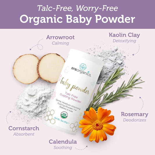 Talc-Free Organic Baby Powder - USDA Organic Dusting Powder with Arrowroot, Calendula and Cornstarch for Newborns, Babies or Toddlers - Soothing, Fragrance Free, Made in USA (3Oz/85G) - Baby Organic